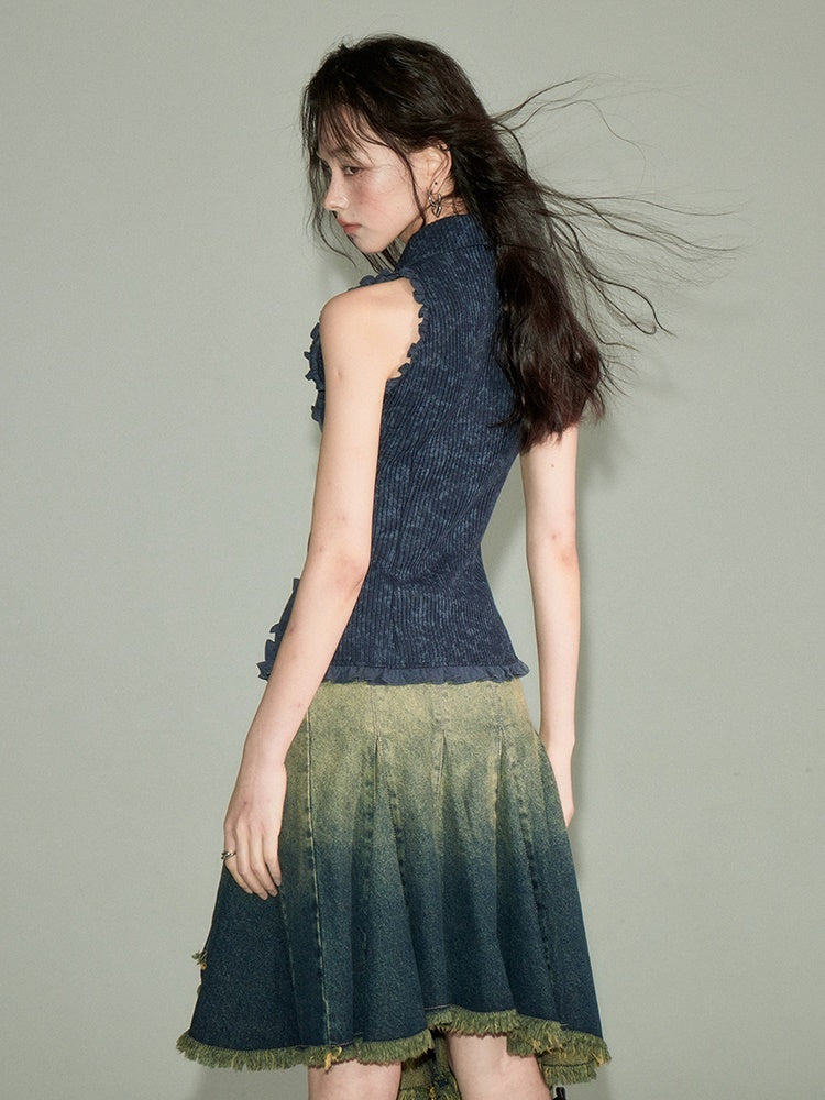 Polo Collar Knitted Sleeveless Top ï¼?Shawl Cardigan Set-up