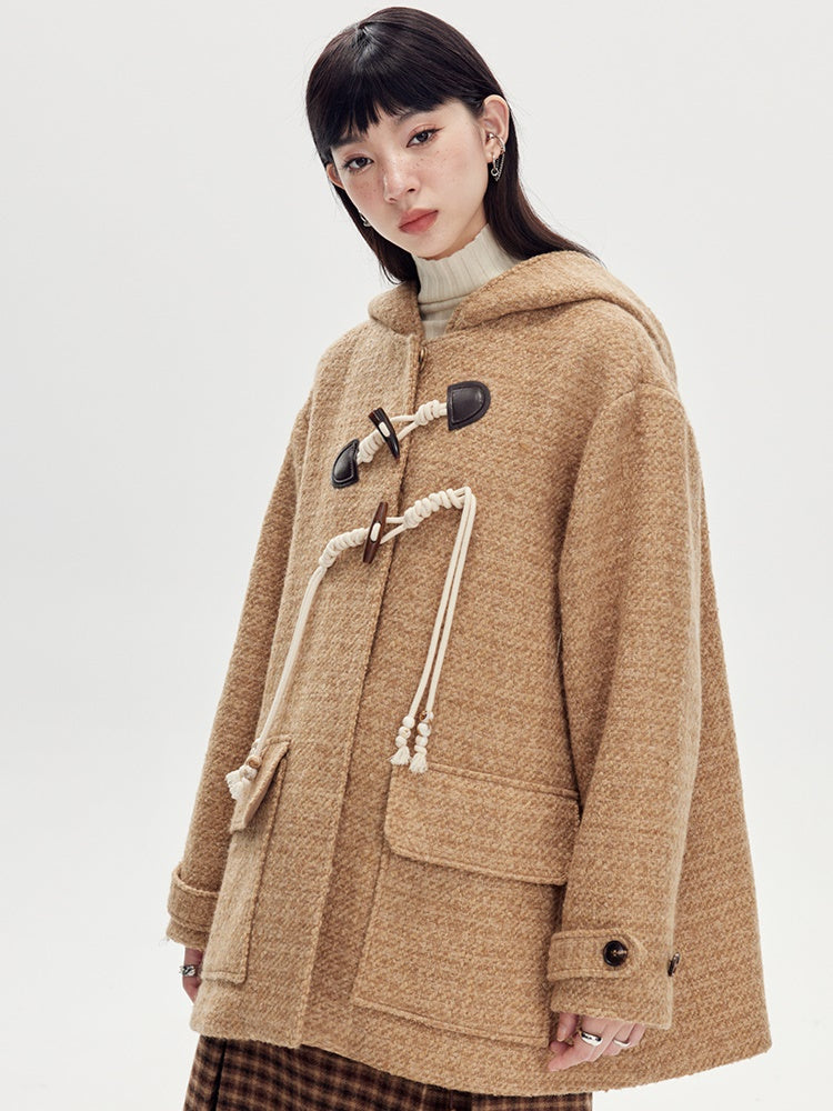 Hooded Horn Buckle Wool Coat