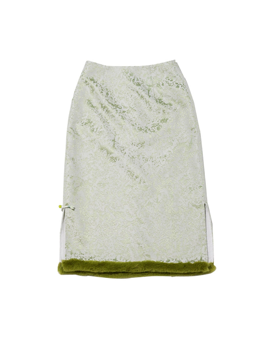 New Chinese Embroidered Slit Furry Skirt