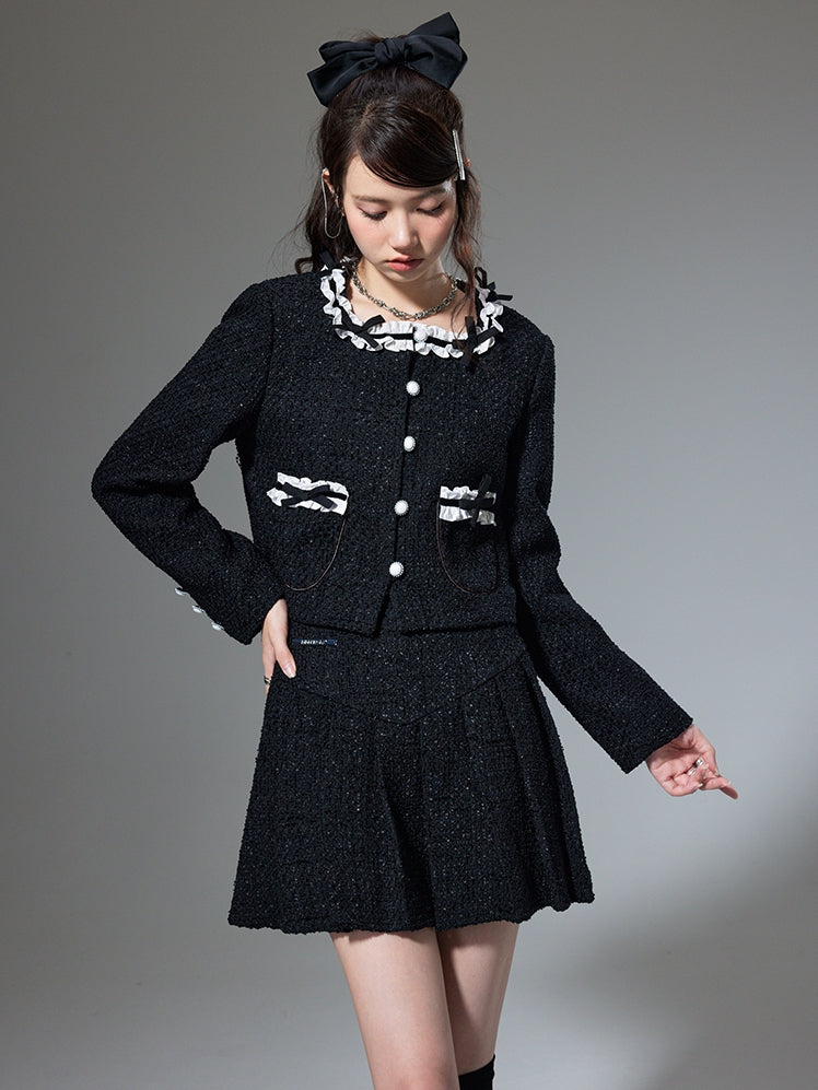 Round Neck Bow Cardigan Jacket & Pleated Skirt