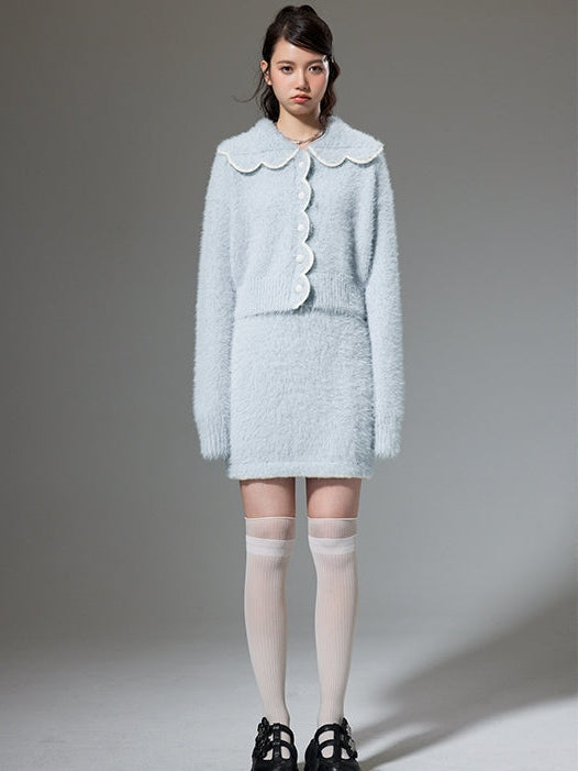 Plush Knitted Cardigan & Skirt