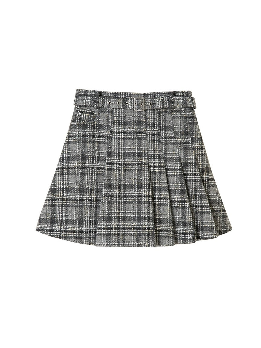 Woven Plaid No-Collar Jacket ï¼?Vest ï¼?Pleated Skirt