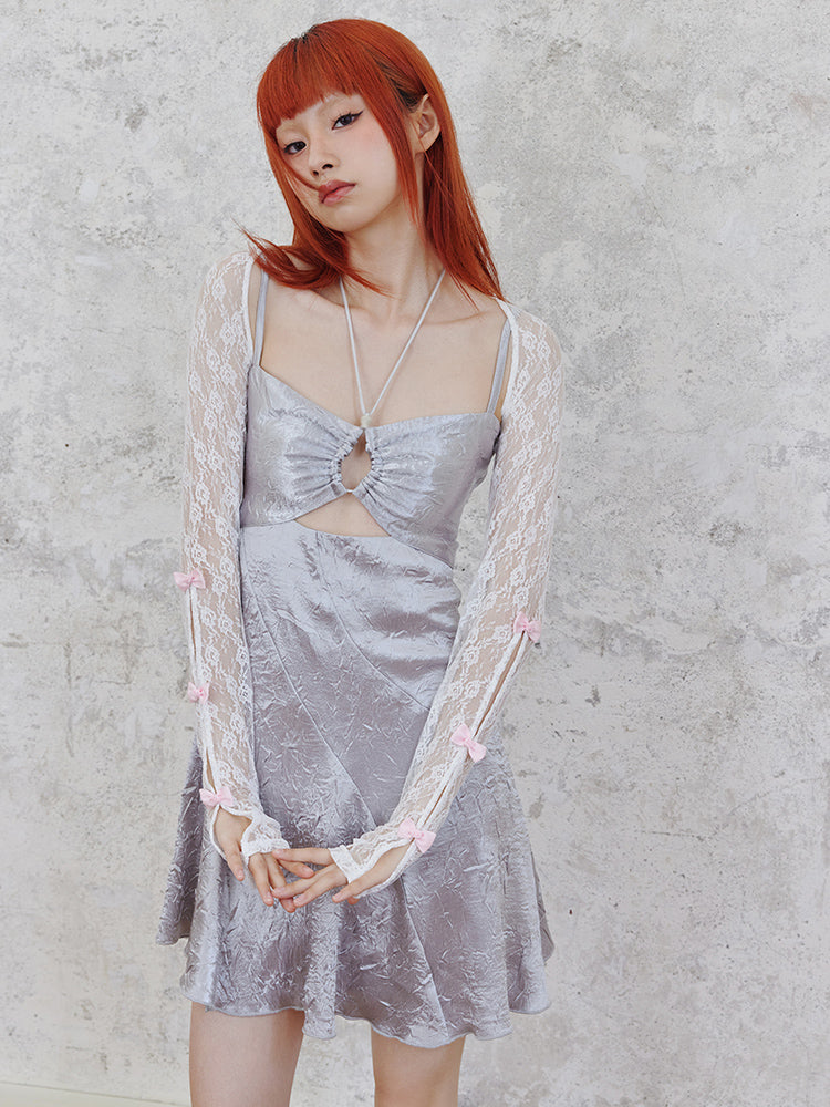 Shiny Hollow Suspender Dress & Lace Sleeve