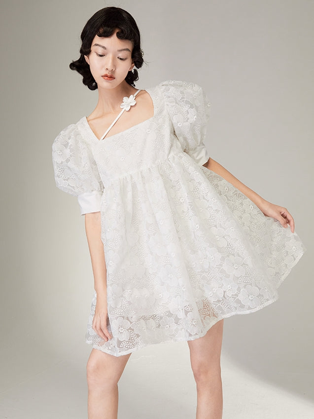 Embroidered Puff Sleeves Floral Tie Dress