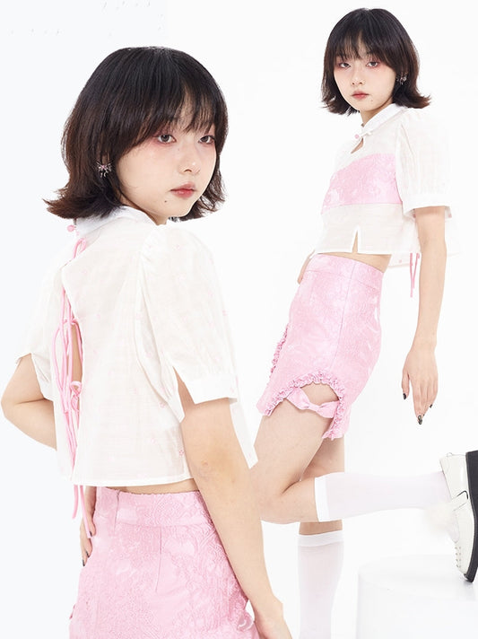 Chinese Organza Top & Jacquard Short Skirt