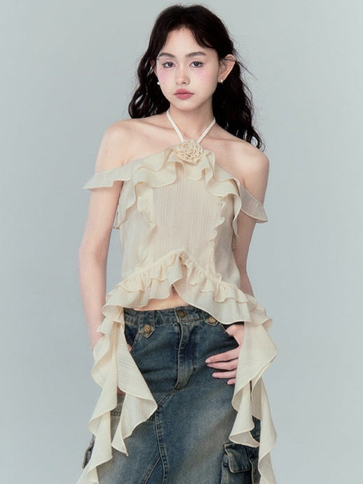 Halter-neck Flower Wrinkled Feeling Ruffled Chiffon Shirt