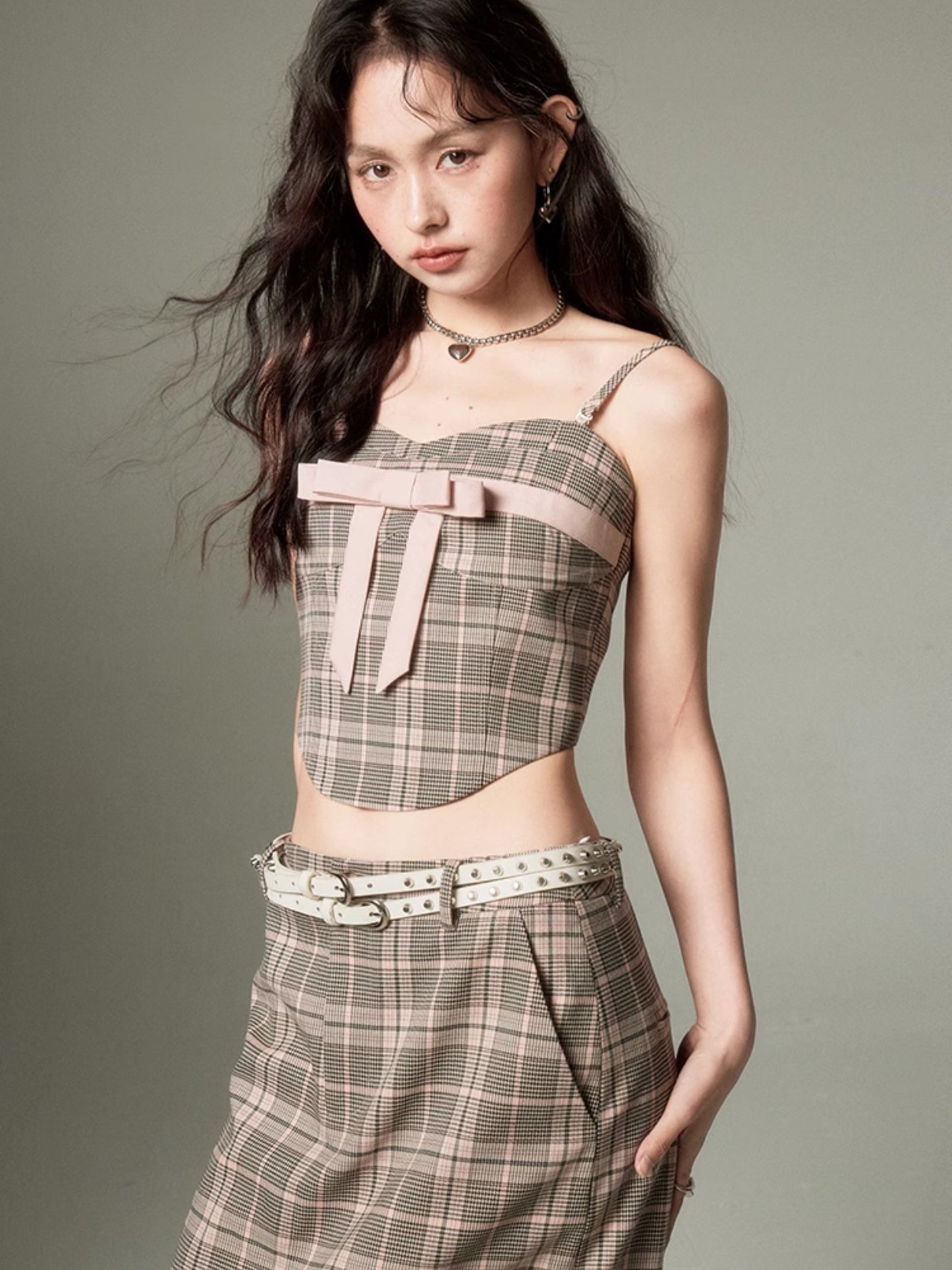 Plaid Bow Cropped Camisole ï¼?Long Skirt