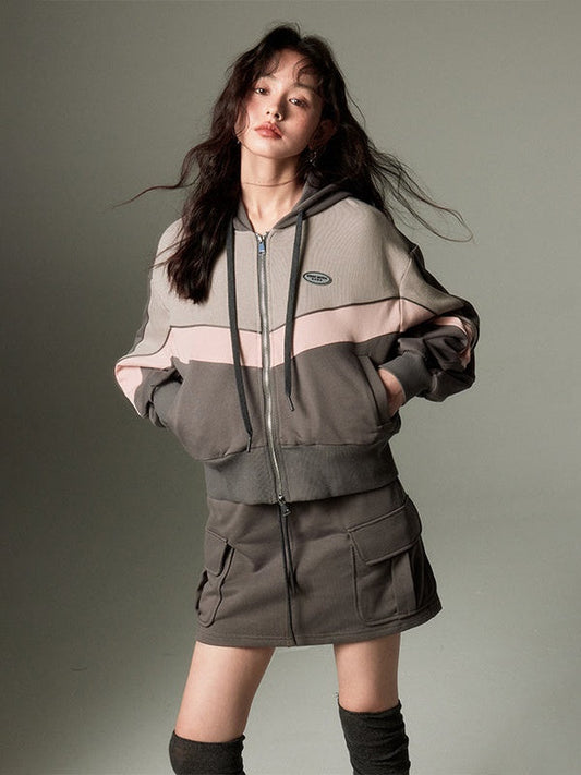 Sports Style ZIP-up Hoodie ï¼?A-Line Skirt