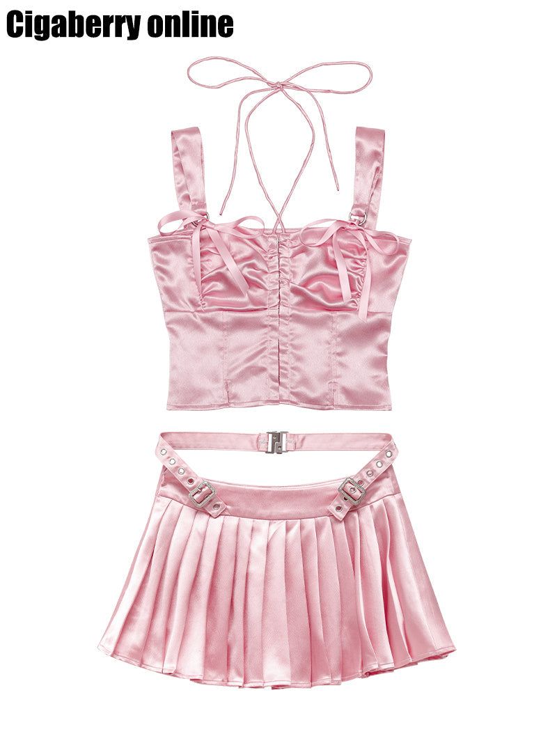 Shiny Suspender Top & Low Waist Pleated Skirt