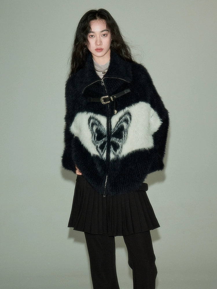 Butterfly Pattern Imitation Mink Knitted Cardigan