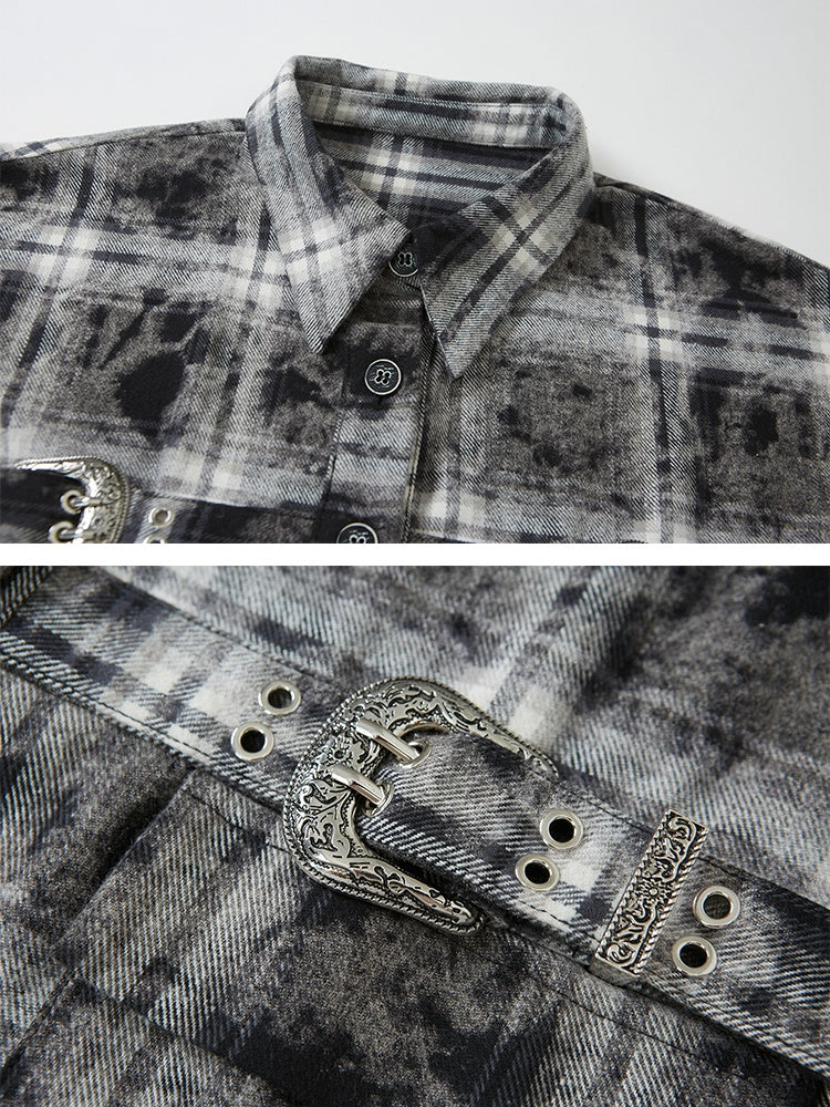 Plaid Loose Long Sleeve Shirt ï¼?Pleated Skirt