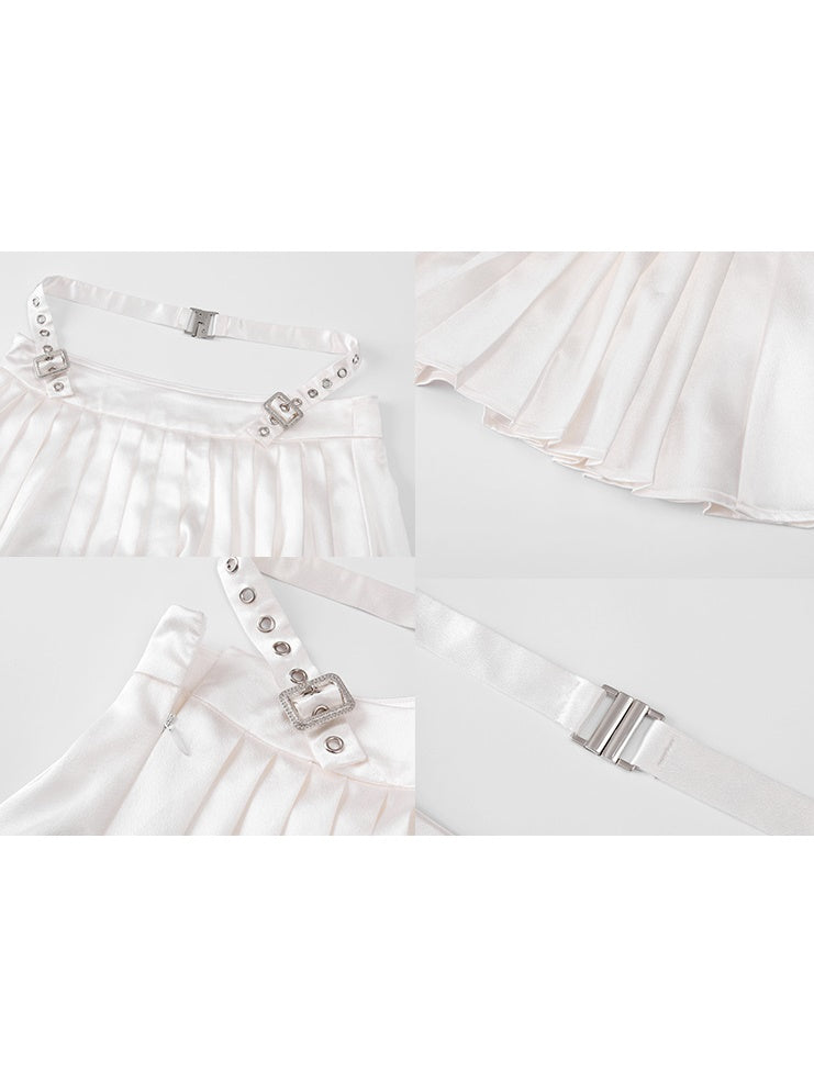 Shiny Suspender Top & Low Waist Pleated Skirt
