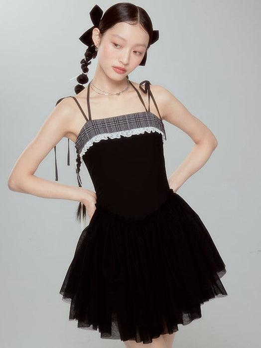 Grid Stitch Lace Embroidered Suspender Dress