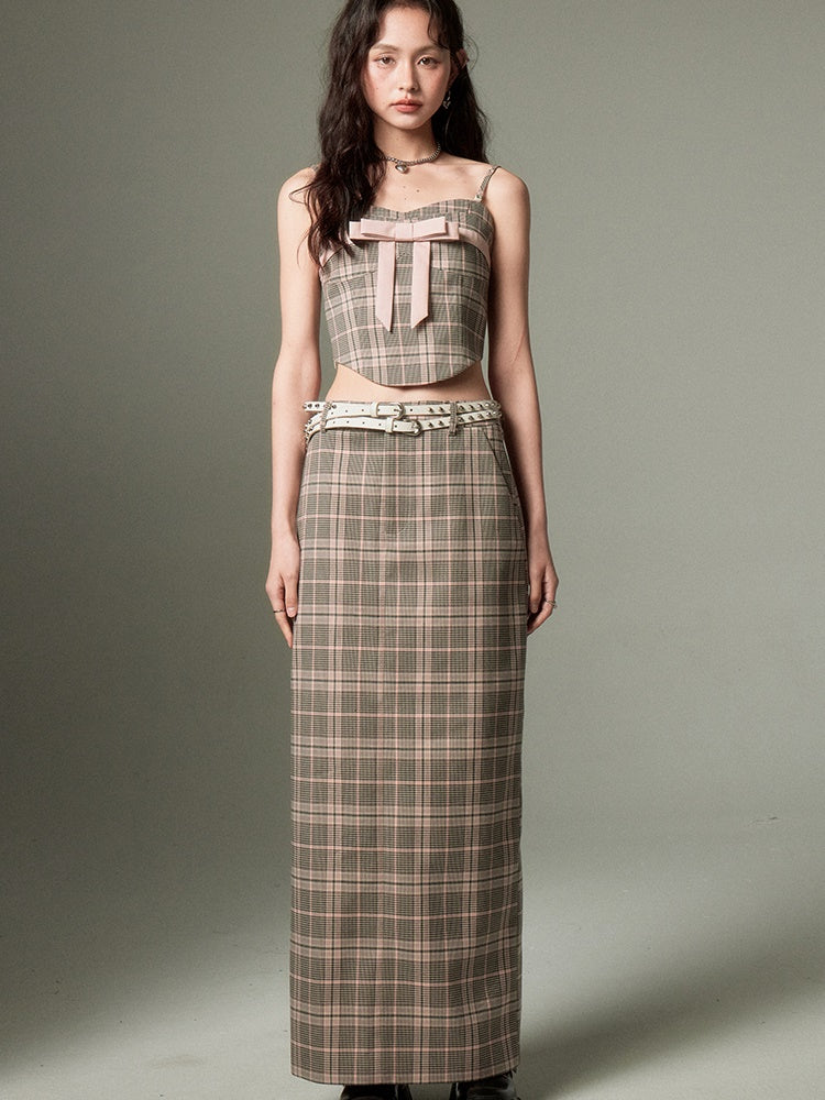 Plaid Bow Cropped Camisole ï¼?Long Skirt