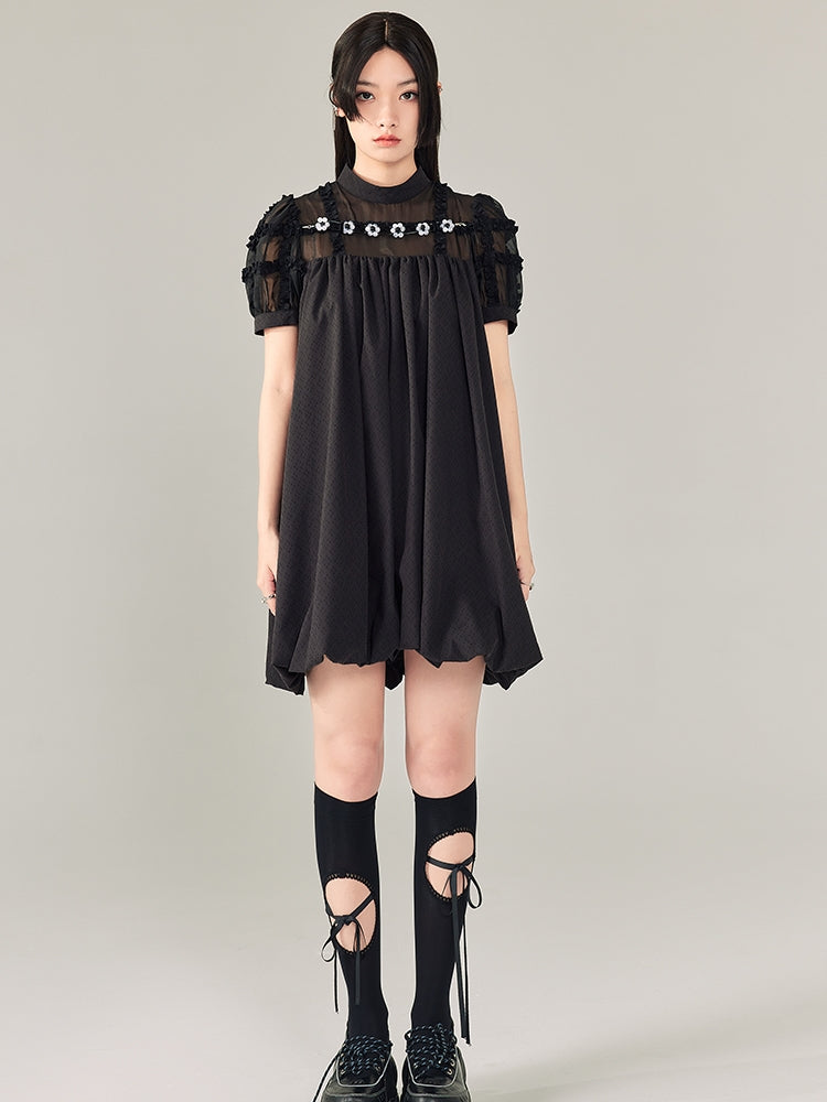 Beaded Short Sleeve Black Dress