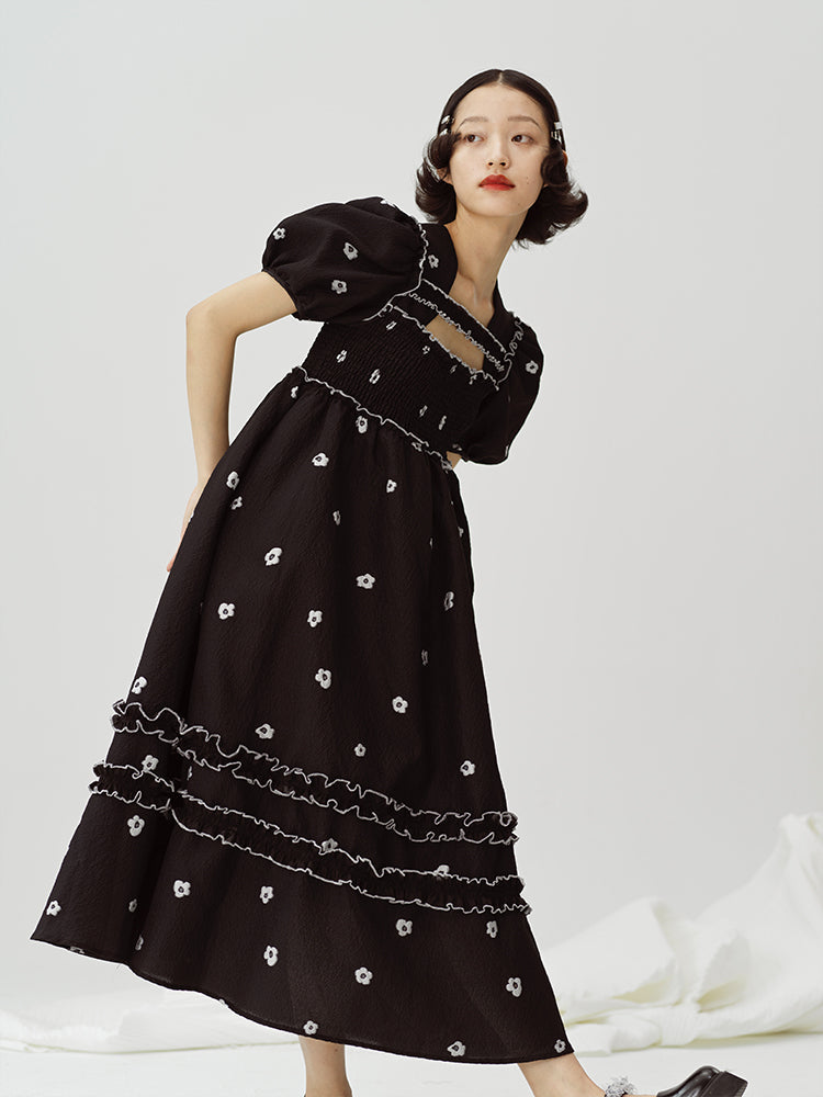 Small Flower Square Neck French Dress