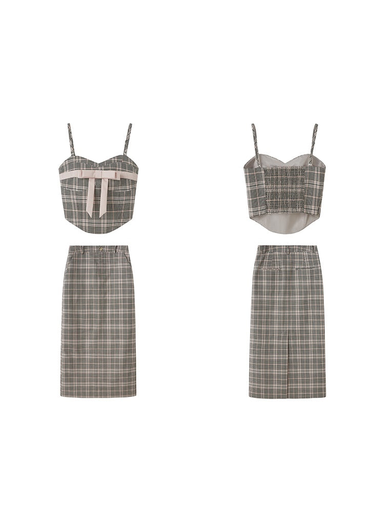 Plaid Bow Cropped Camisole ï¼?Long Skirt