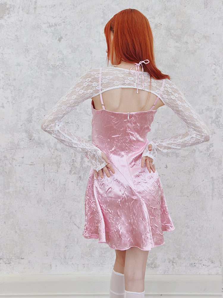 Shiny Hollow Suspender Dress & Lace Sleeve