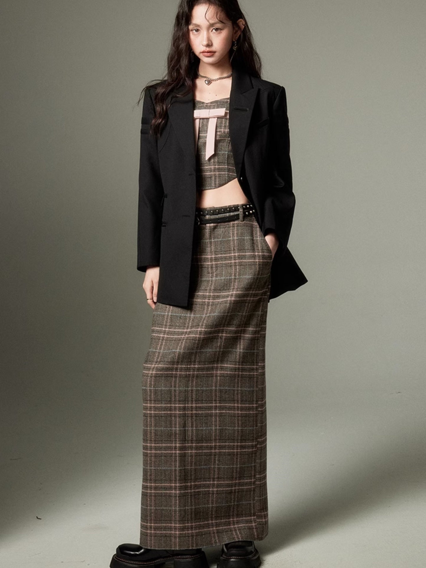 Plaid Bow Cropped Camisole ï¼?Long Skirt