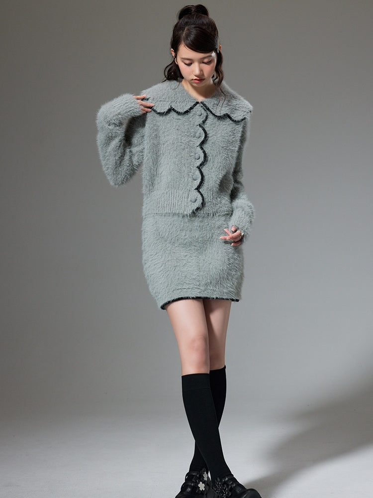 Plush Knitted Cardigan & Skirt