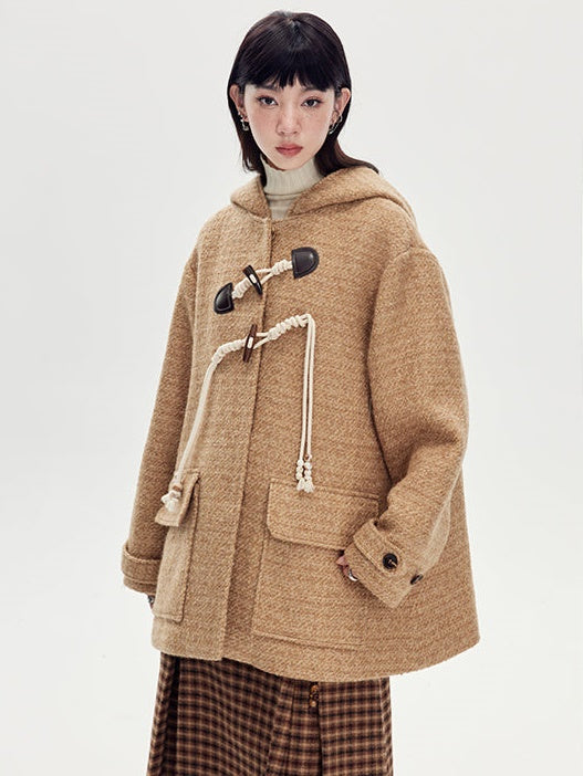 Hooded Horn Buckle Wool Coat