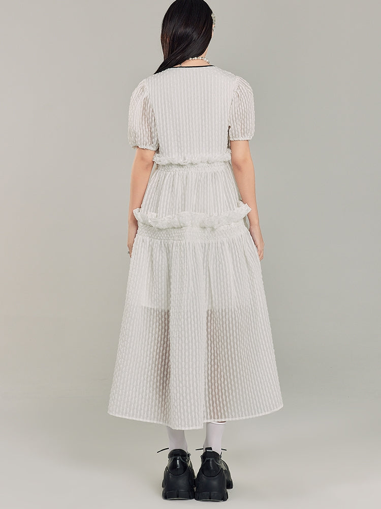 Puff Sleeve Bow Mesh Long Dress