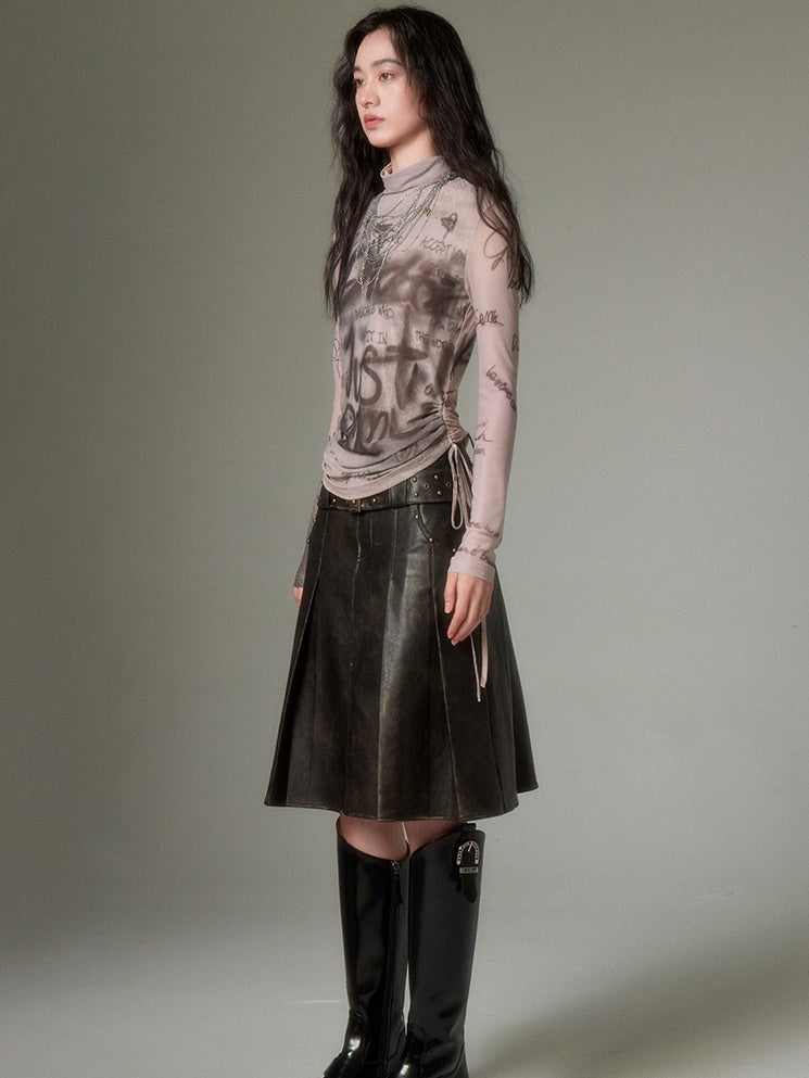 Retro Leather Rivet Belt Skirt