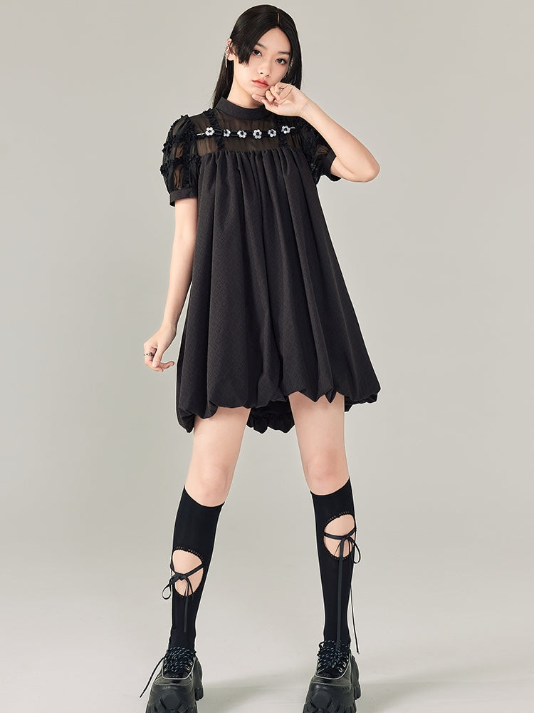 Beaded Short Sleeve Black Dress