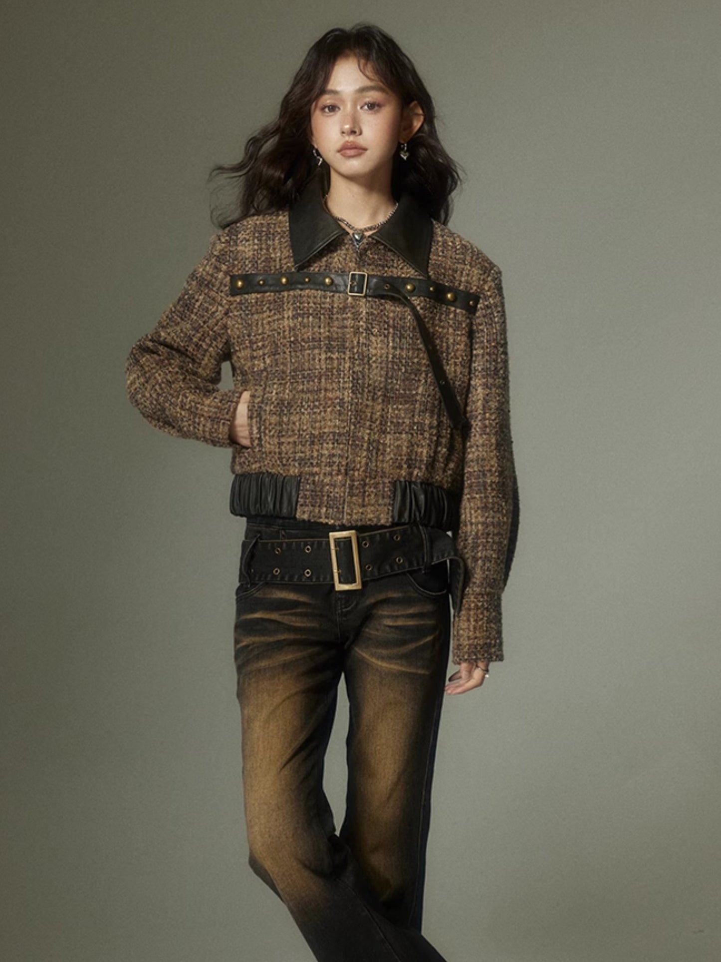 Plaid Splicing Leather Small Fragrant Style Jacket