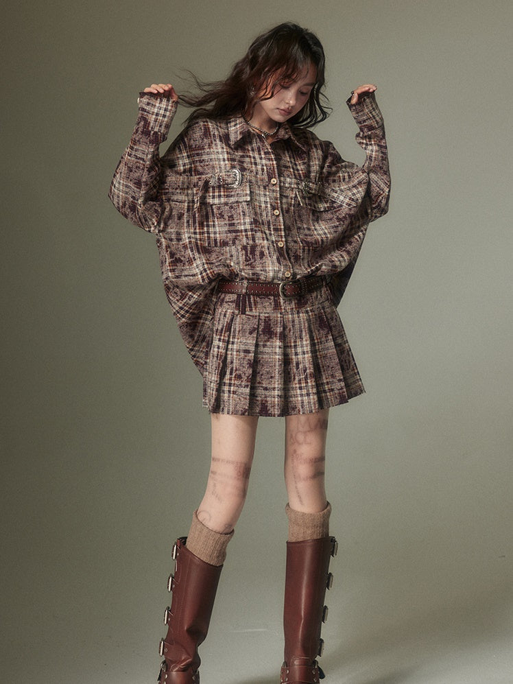 Plaid Loose Long Sleeve Shirt ï¼?Pleated Skirt