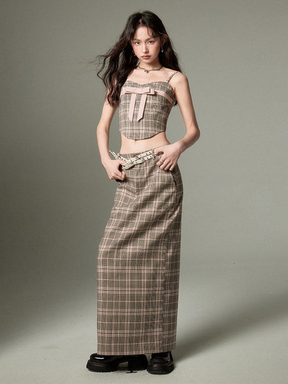 Plaid Bow Cropped Camisole ï¼?Long Skirt