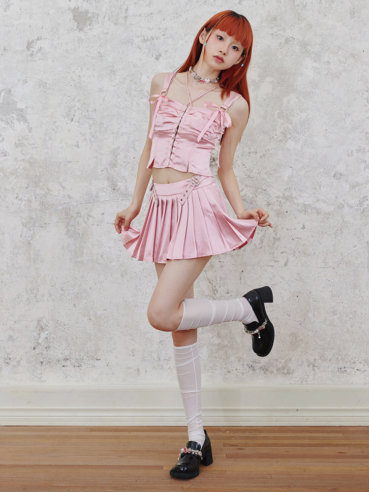 Shiny Suspender Top & Low Waist Pleated Skirt