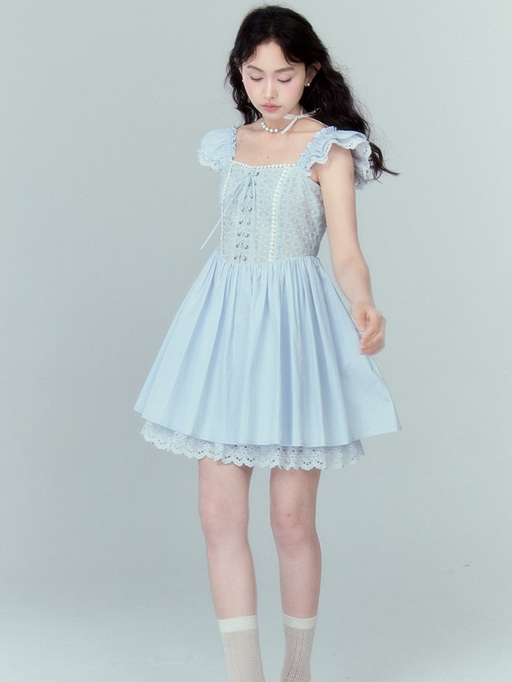 Stitching Lace Jacquard Flying Sleeve Dress