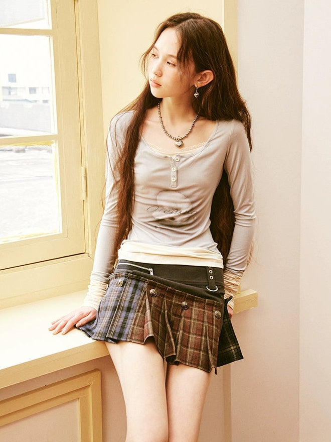 Plaid Splicing A-line Pleated Short Skirt