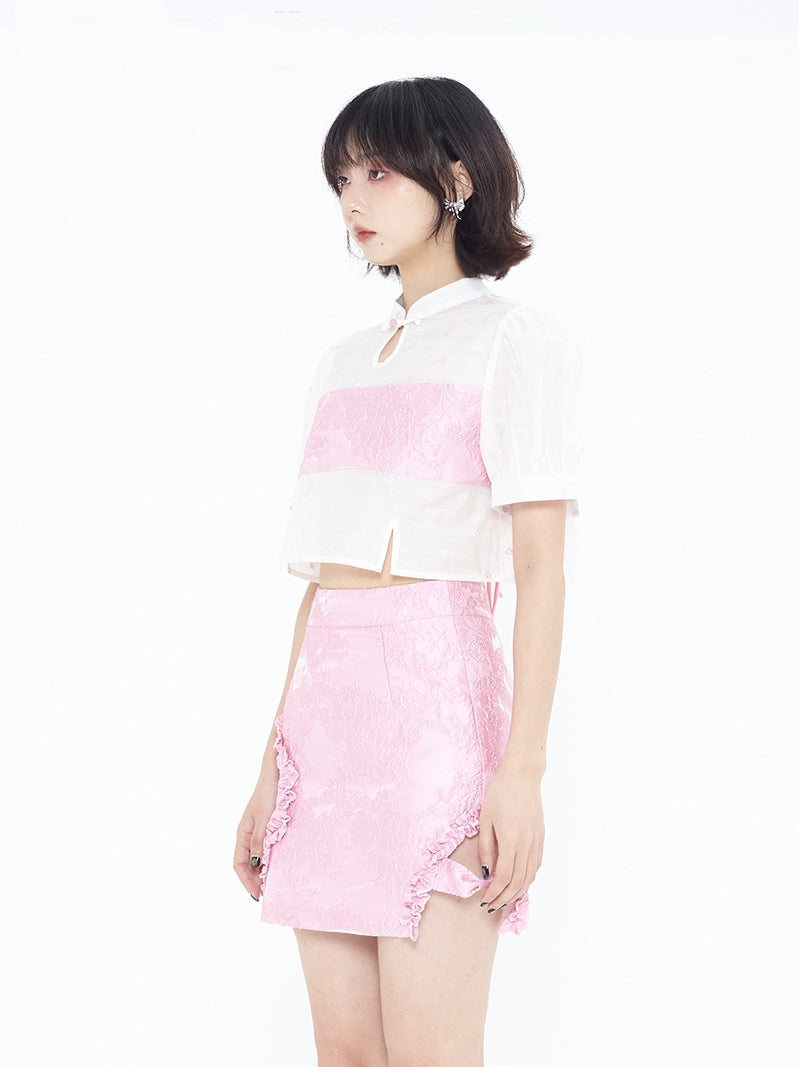 Chinese Organza Top & Jacquard Short Skirt