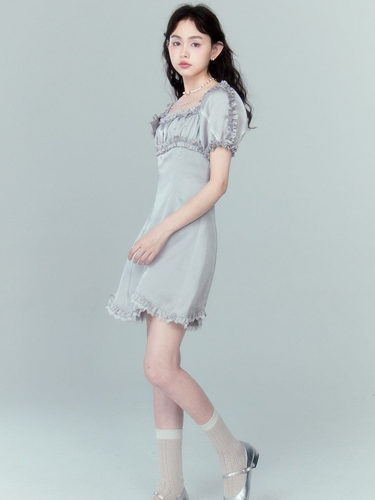 Beaded Chain Frill Decoration Puff Sleeve Dress