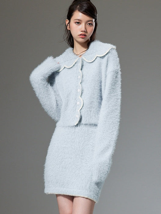 Plush Knitted Cardigan & Skirt