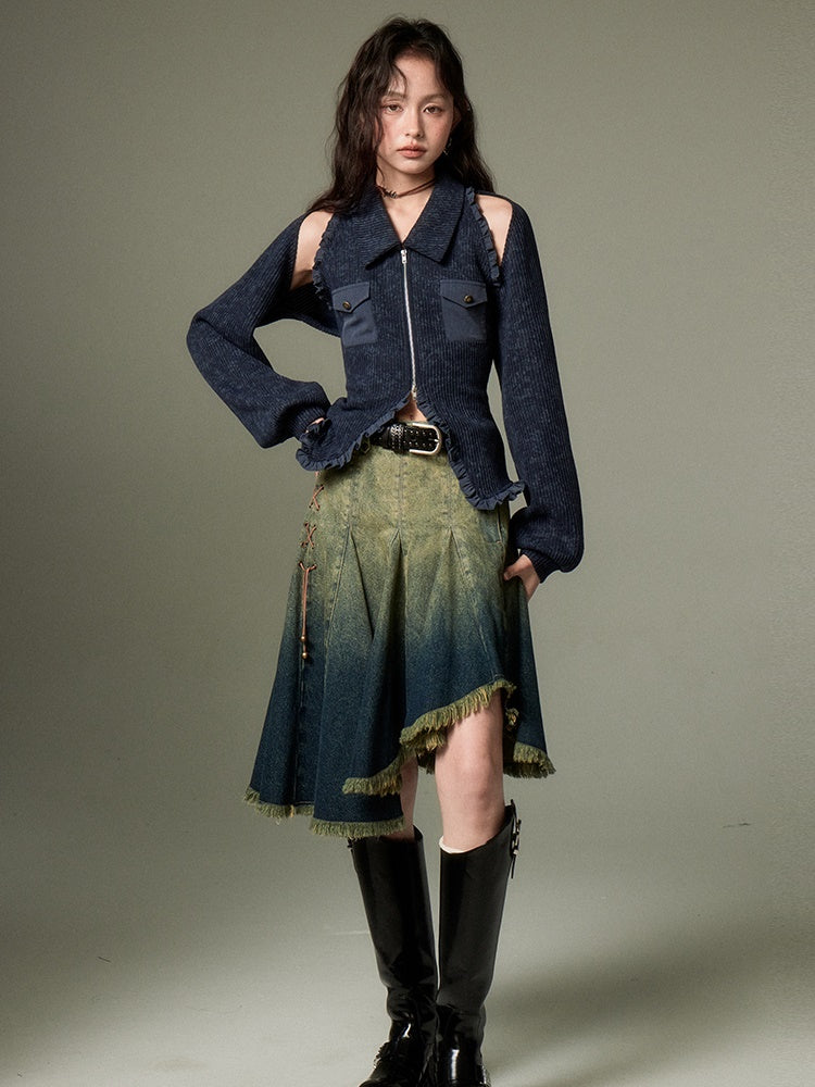 Polo Collar Knitted Sleeveless Top ï¼?Shawl Cardigan Set-up