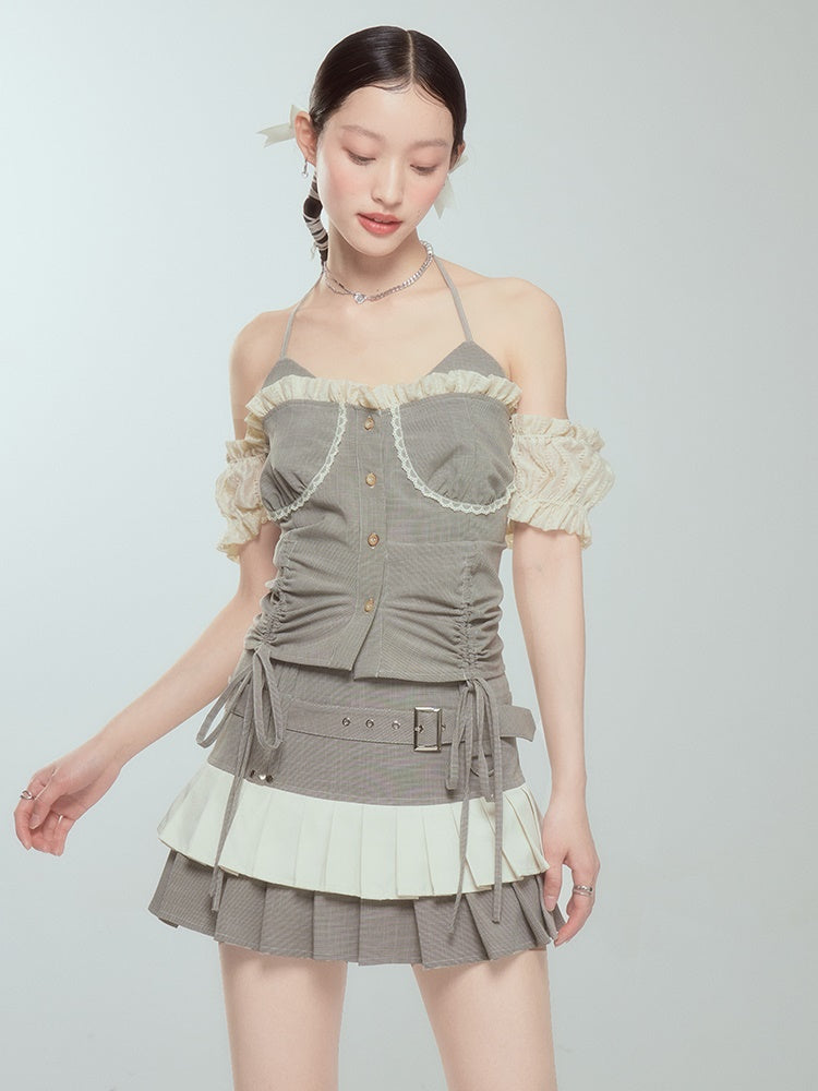 Halter Neck Suspender Top & Short Pleated Cake Skirt