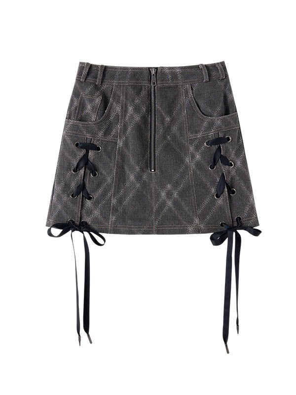 Plaid Denim A-line Rope Skirt