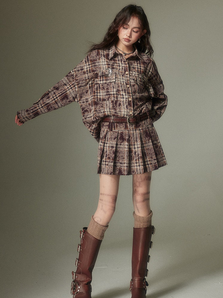 Plaid Loose Long Sleeve Shirt ï¼?Pleated Skirt