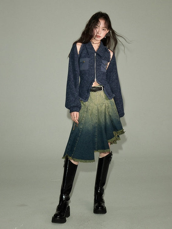 Polo Collar Knitted Sleeveless Top ï¼?Shawl Cardigan Set-up