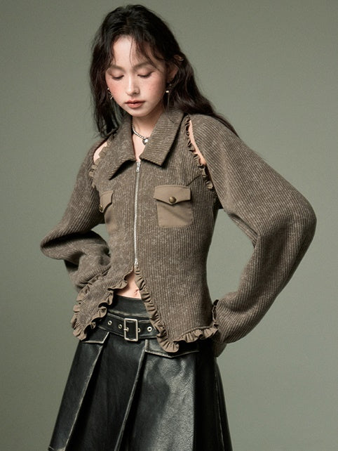 Polo Collar Knitted Sleeveless Top ï¼?Shawl Cardigan Set-up
