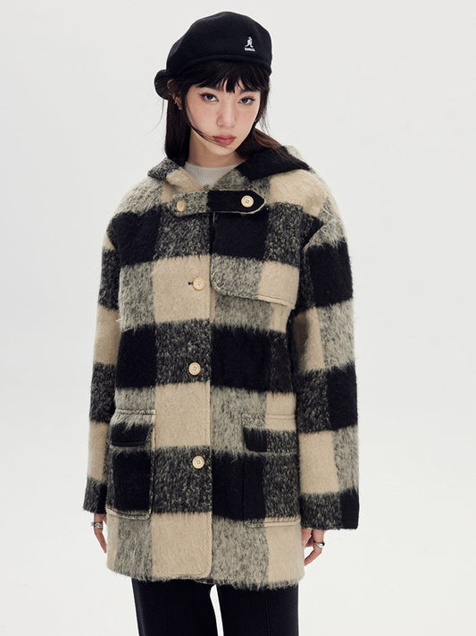 Retro Plaid Wool Hooded Coat