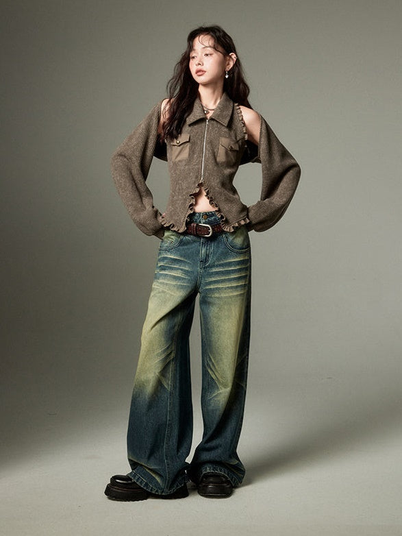 Polo Collar Knitted Sleeveless Top ï¼?Shawl Cardigan Set-up