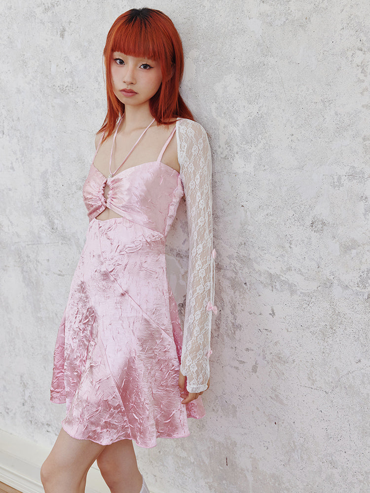 Shiny Hollow Suspender Dress & Lace Sleeve