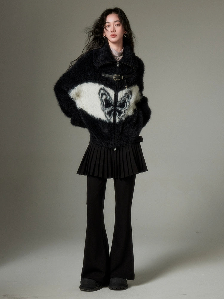 Butterfly Pattern Imitation Mink Knitted Cardigan