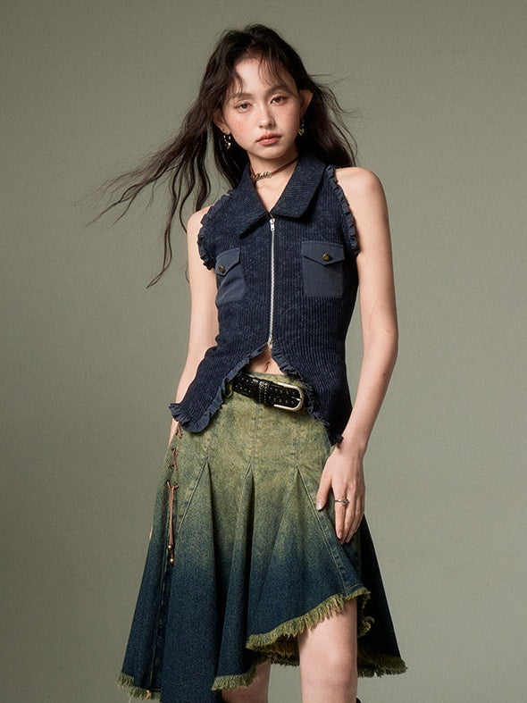 Polo Collar Knitted Sleeveless Top ï¼?Shawl Cardigan Set-up
