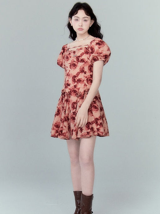 Rose Print Square Collar Puff Sleeve Dress