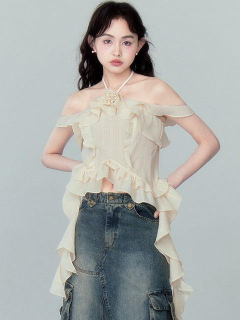 Halter-neck Flower Wrinkled Feeling Ruffled Chiffon Shirt